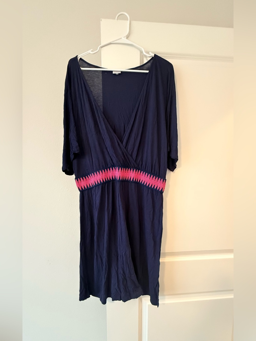Navy V-Neck Swim Coverup Dress with Pink Waist Trim